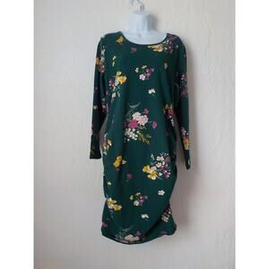 Old Navy Women 1X Green Floral Sheath Dress Ruched Sides Long Sleeve Stretch